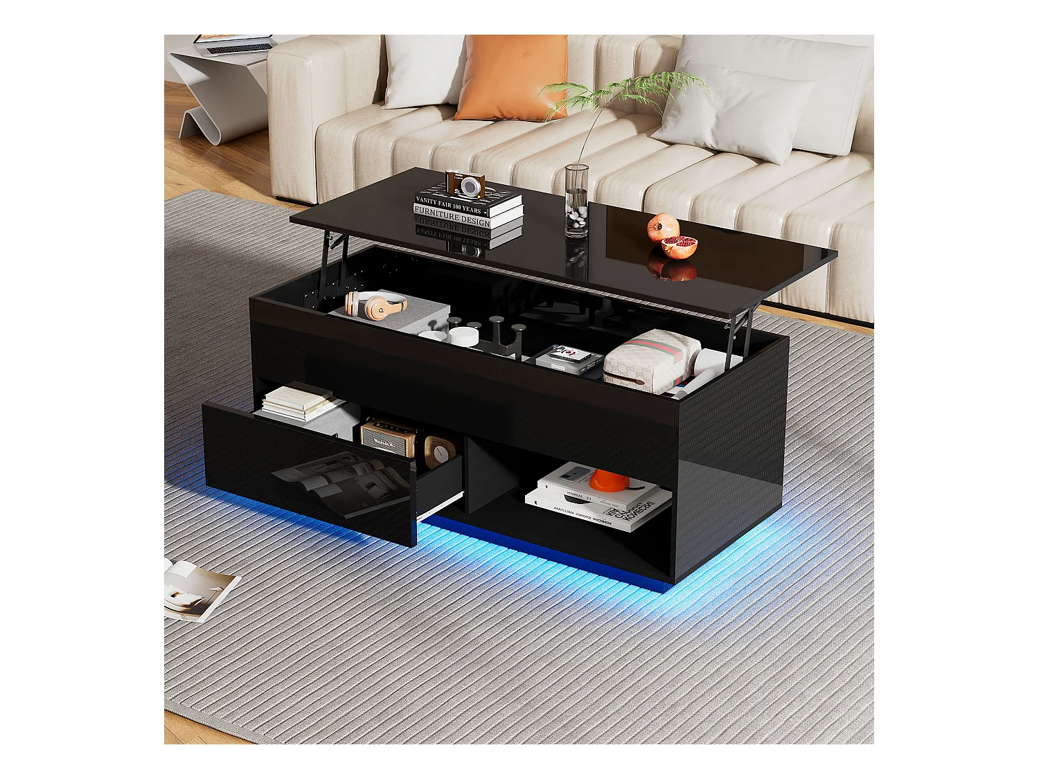 Table basse relevable avec 1 et 1 niche - 100 x 70.5 x 45 cm - LEDs - Panneaux de particules - Noir brillant