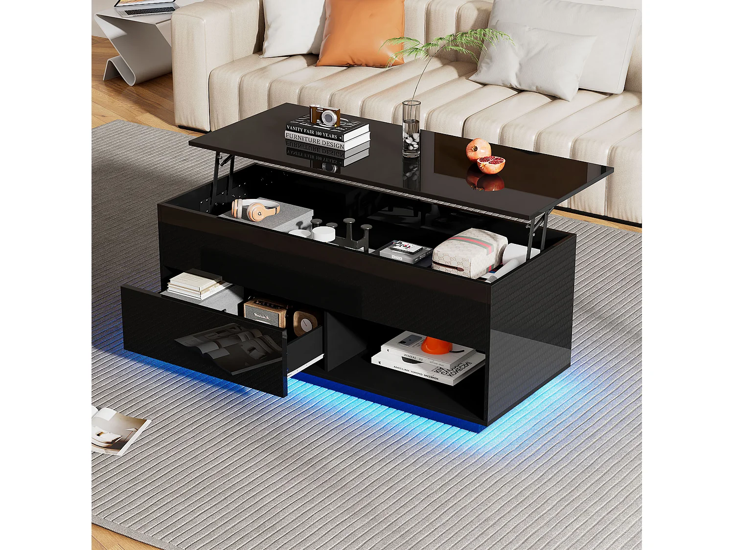 Table basse relevable avec 1 et 1 niche - 100 x 70.5 x 45 cm - LEDs - Panneaux de particules - Noir brillant