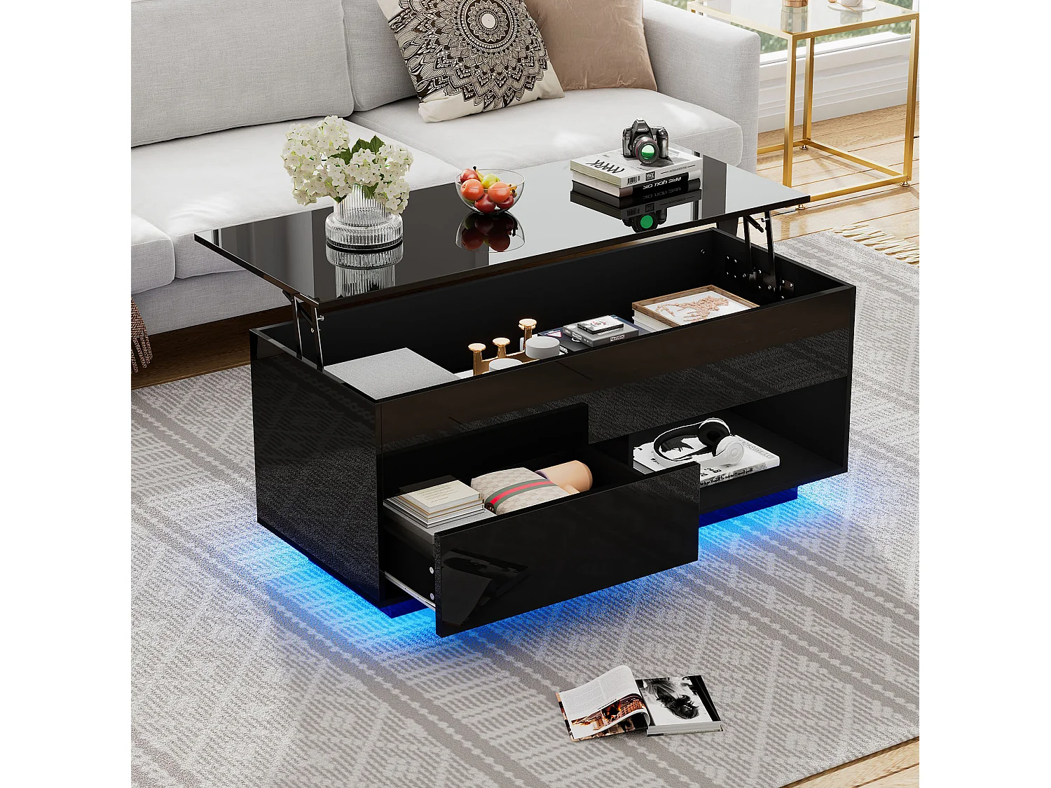 Table basse relevable avec 1 et 1 niche - 100 x 70.5 x 45 cm - LEDs - Panneaux de particules - Noir brillant