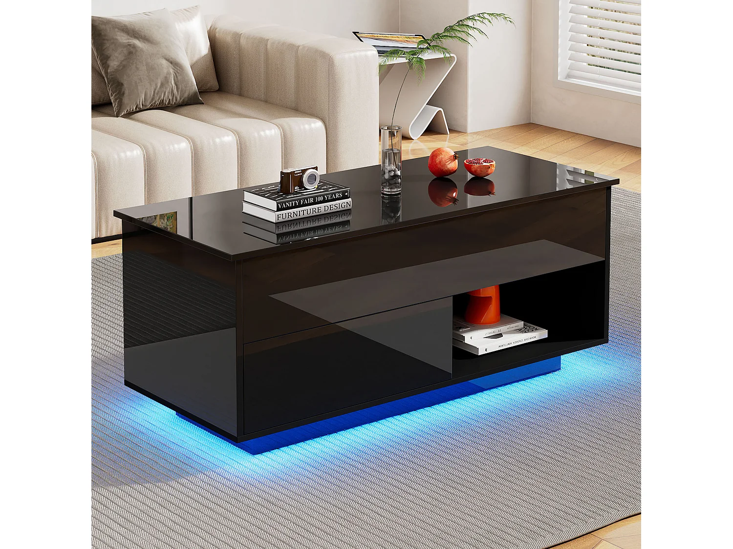 Table basse relevable avec 1 et 1 niche - 100 x 70.5 x 45 cm - LEDs - Panneaux de particules - Noir brillant