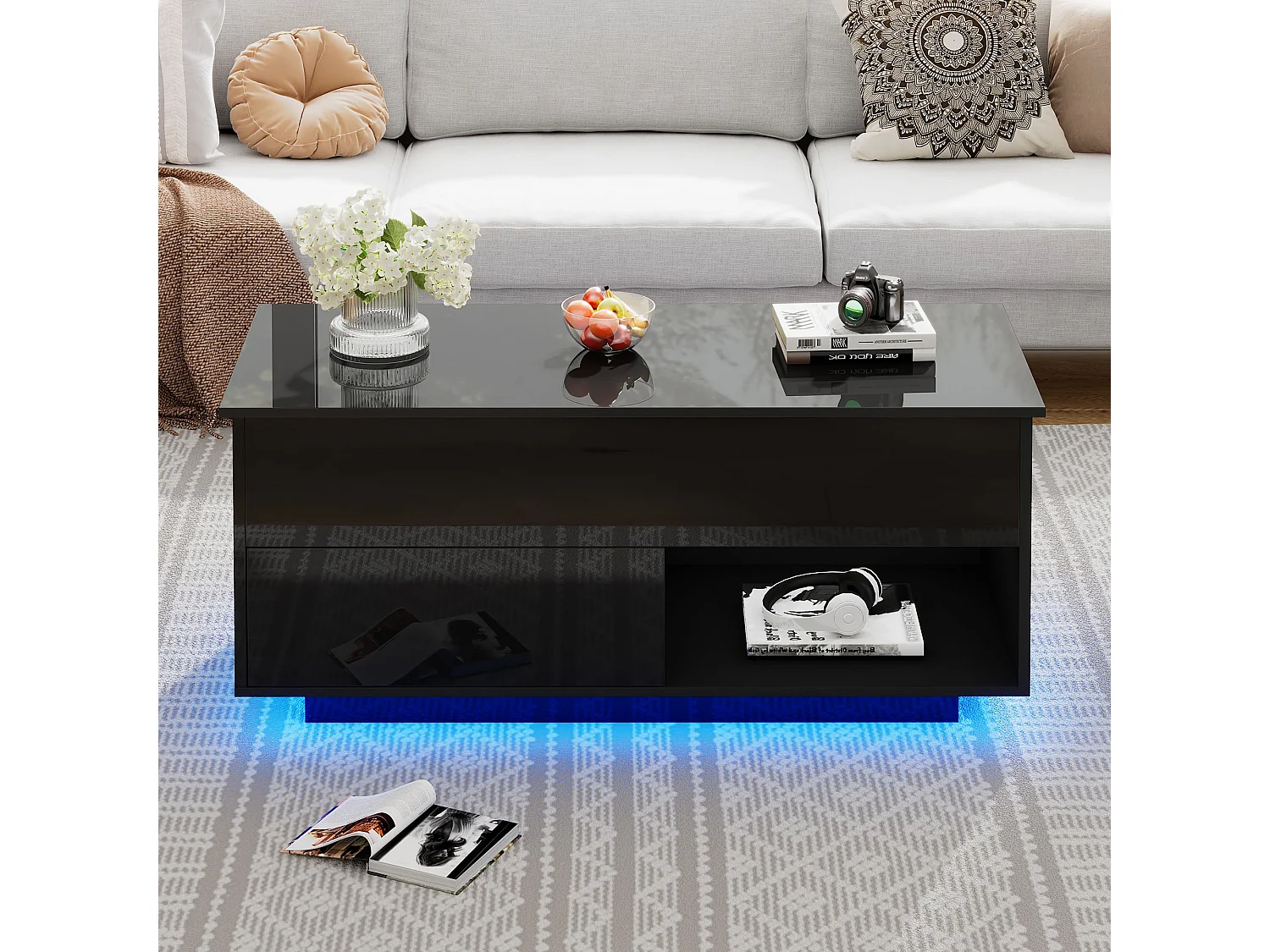 Table basse relevable avec 1 et 1 niche - 100 x 70.5 x 45 cm - LEDs - Panneaux de particules - Noir brillant