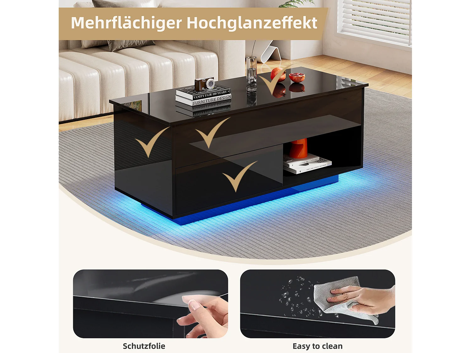 Table basse relevable avec 1 et 1 niche - 100 x 70.5 x 45 cm - LEDs - Panneaux de particules - Noir brillant