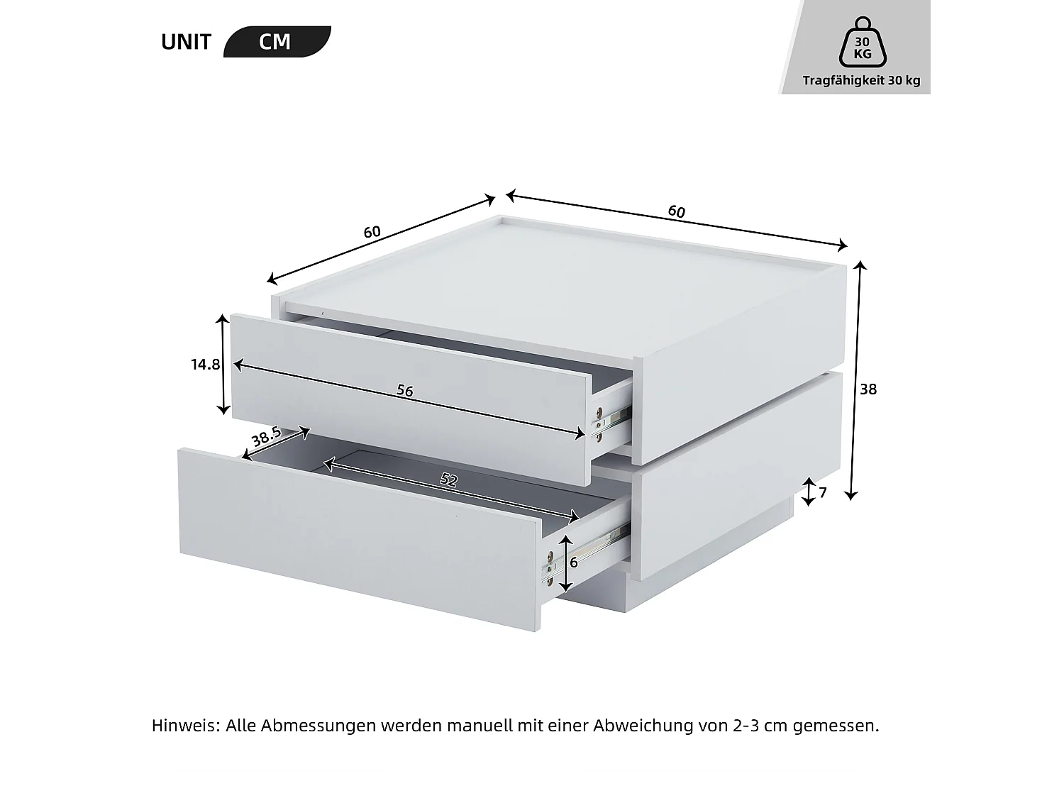 Quadratischer Couchtisch mit um 360° drehbarer Platte – 60 x 60 x 38 cm – Spanplatte – Weiß
