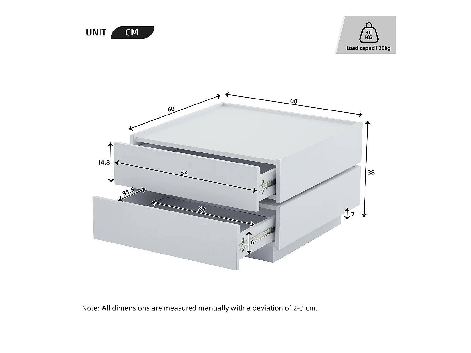Table basse carrée avec plateau rotatif à 360° - 60 x 60 x 38 cm - Panneaux de particules - Blanc