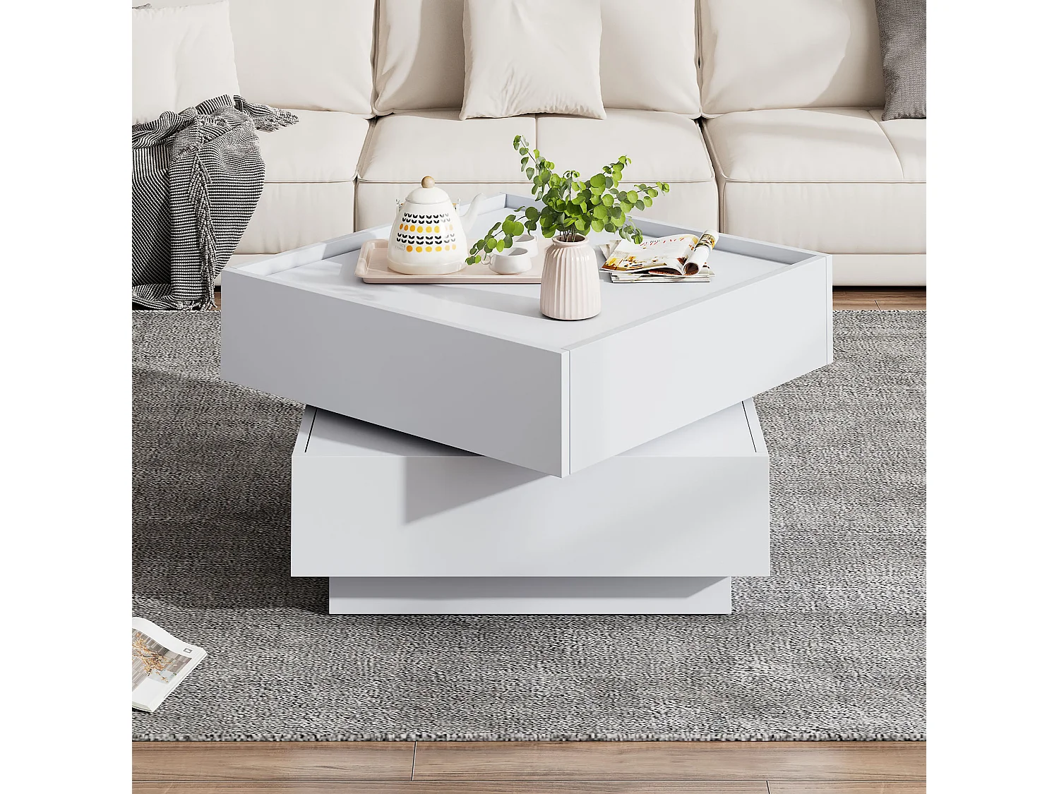 Table basse carrée avec plateau rotatif à 360° - 60 x 60 x 38 cm - Panneaux de particules - Blanc