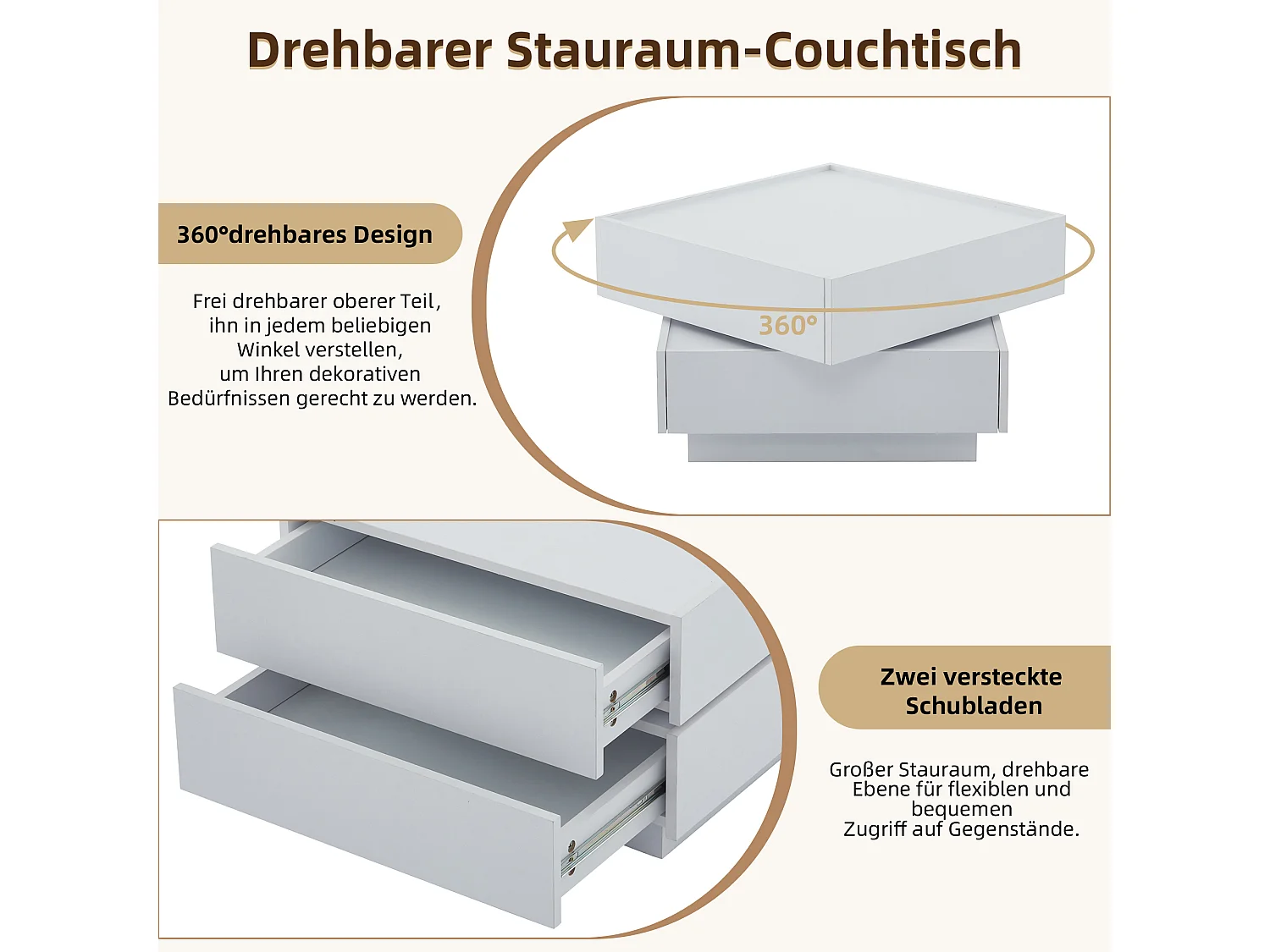Table basse carrée avec plateau rotatif à 360° - 60 x 60 x 38 cm - Panneaux de particules - Blanc