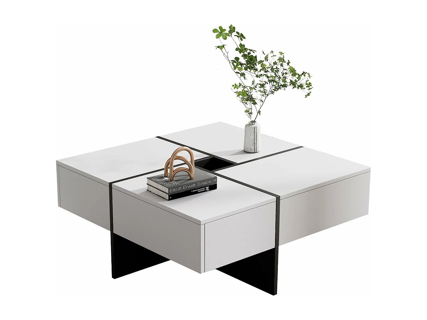 Table basse carrée avec rangement central, blanche,d70cm×h35cm