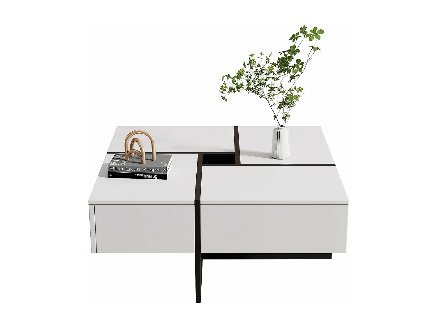 Table basse carrée avec rangement central, blanche,d70cm×h35cm