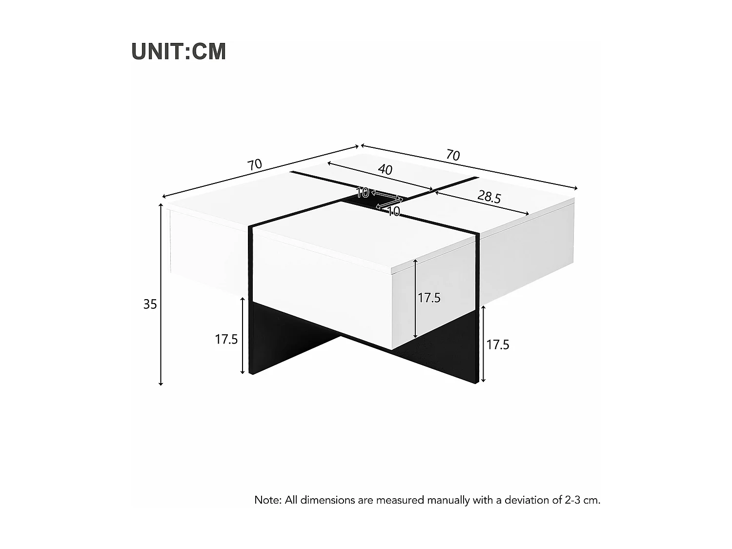 Table basse carrée avec rangement central, blanche,d70cm×h35cm
