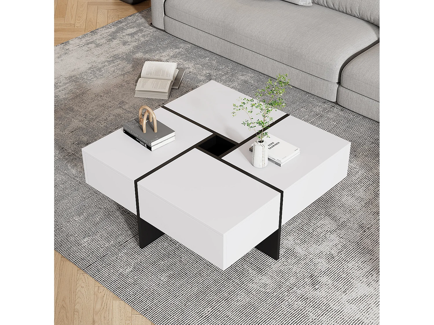 Table basse carrée avec rangement central, blanche,d70cm×h35cm