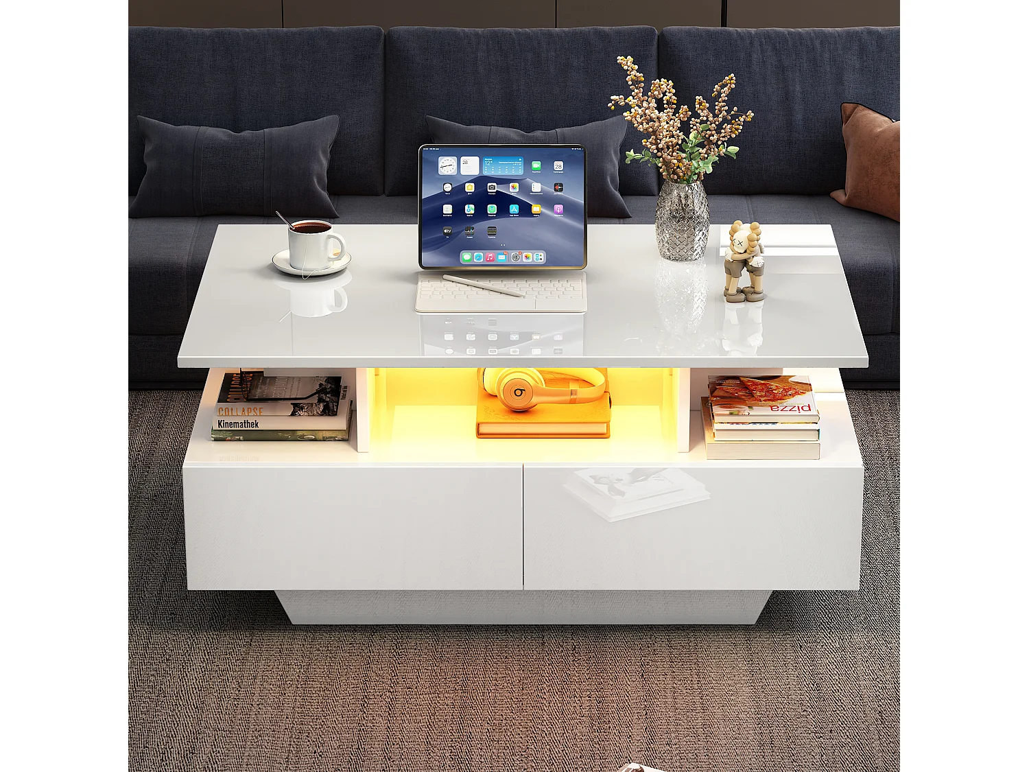 Table basse avec 2 tiroirs et compartiment ouvert - 90 x 55 x 41 cm - LEDs - Panneaux de particules - Blanc brillant