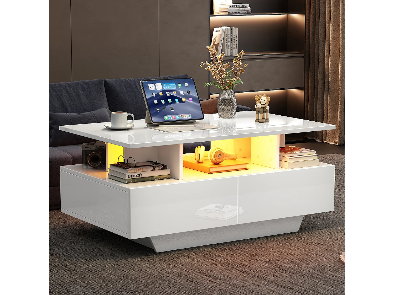 Table basse avec 2 tiroirs et compartiment ouvert - 90 x 55 x 41 cm - LEDs - Panneaux de particules - Blanc brillant