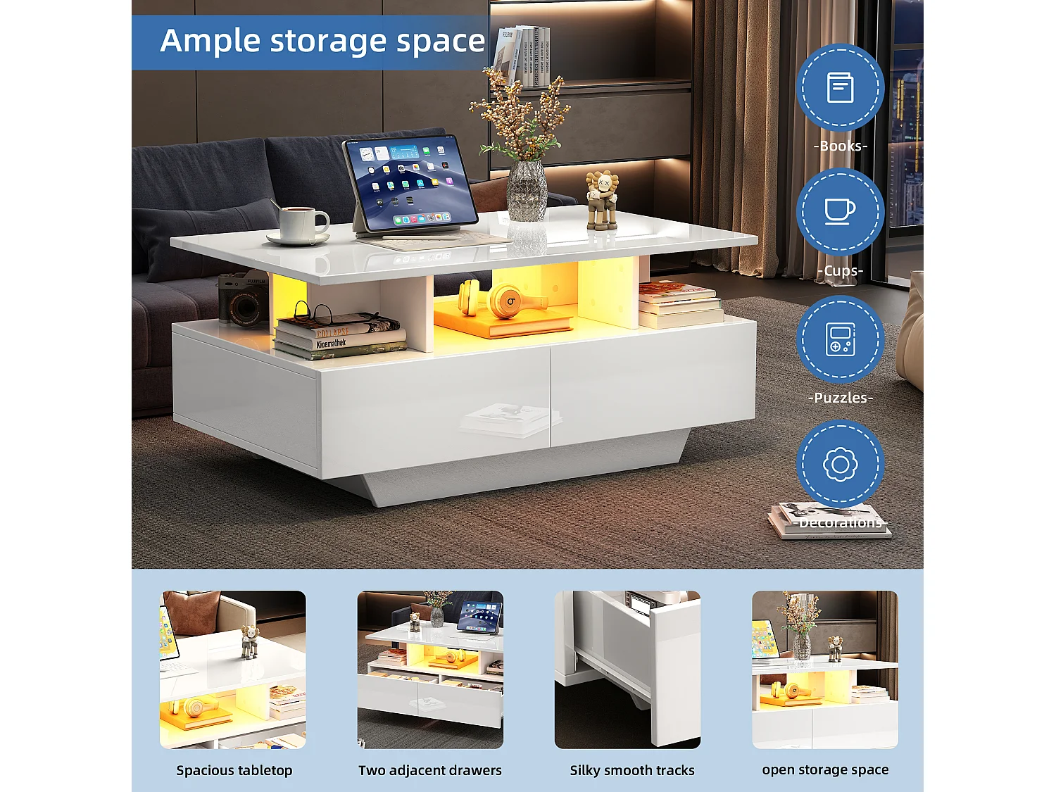 Table basse avec 2 tiroirs et compartiment ouvert - 90 x 55 x 41 cm - LEDs - Panneaux de particules - Blanc brillant