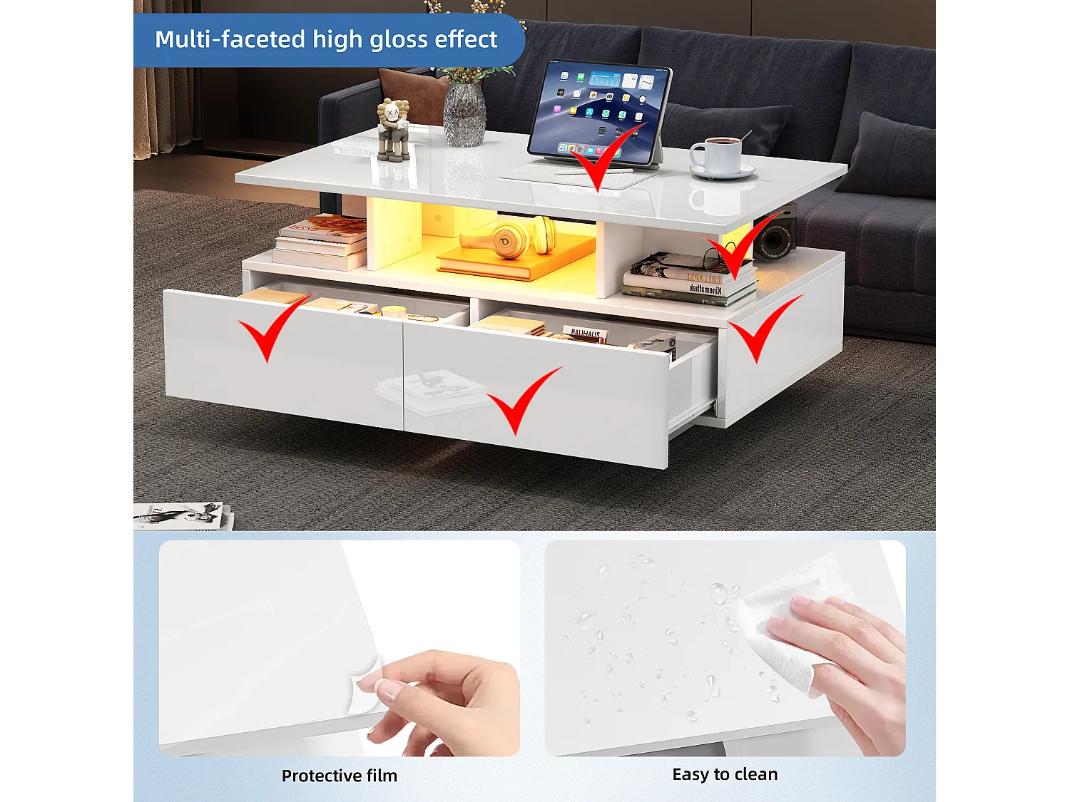 Table basse avec 2 tiroirs et compartiment ouvert - 90 x 55 x 41 cm - LEDs - Panneaux de particules - Blanc brillant