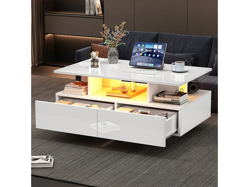Table basse avec 2 tiroirs et compartiment ouvert - 90 x 55 x 41 cm - LEDs - Panneaux de particules - Blanc brillant