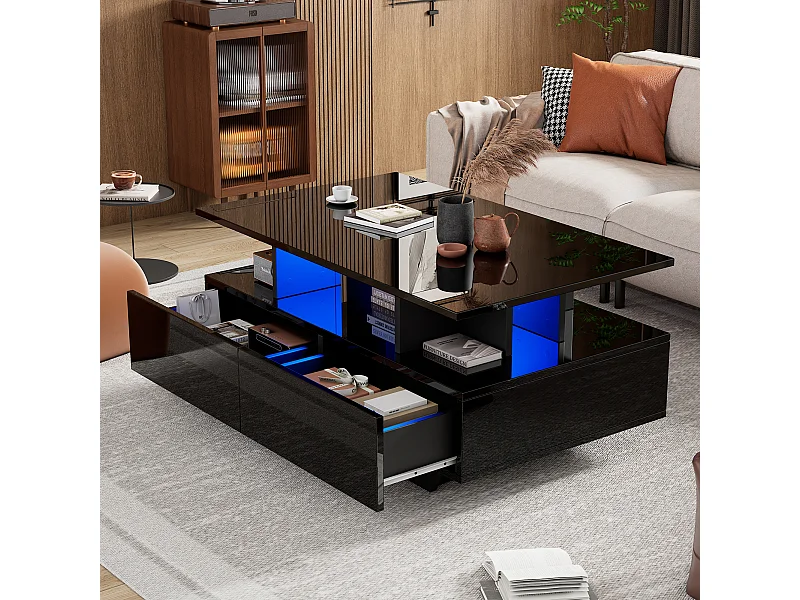 Salontafel met 2 lades en open vak - 90 x 55 x 41 cm - LED's - Spaanplaat - Glanzend zwart