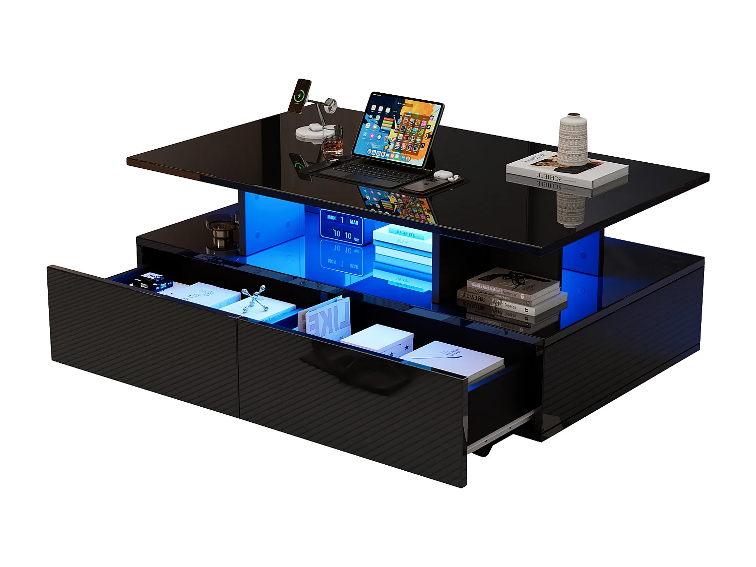 Stolik kawowy z 2 szufladami i otwartą przegrodą - 90 x 55 x 41 cm - Diody LED - Płyta wiórowa - Czarny połysk