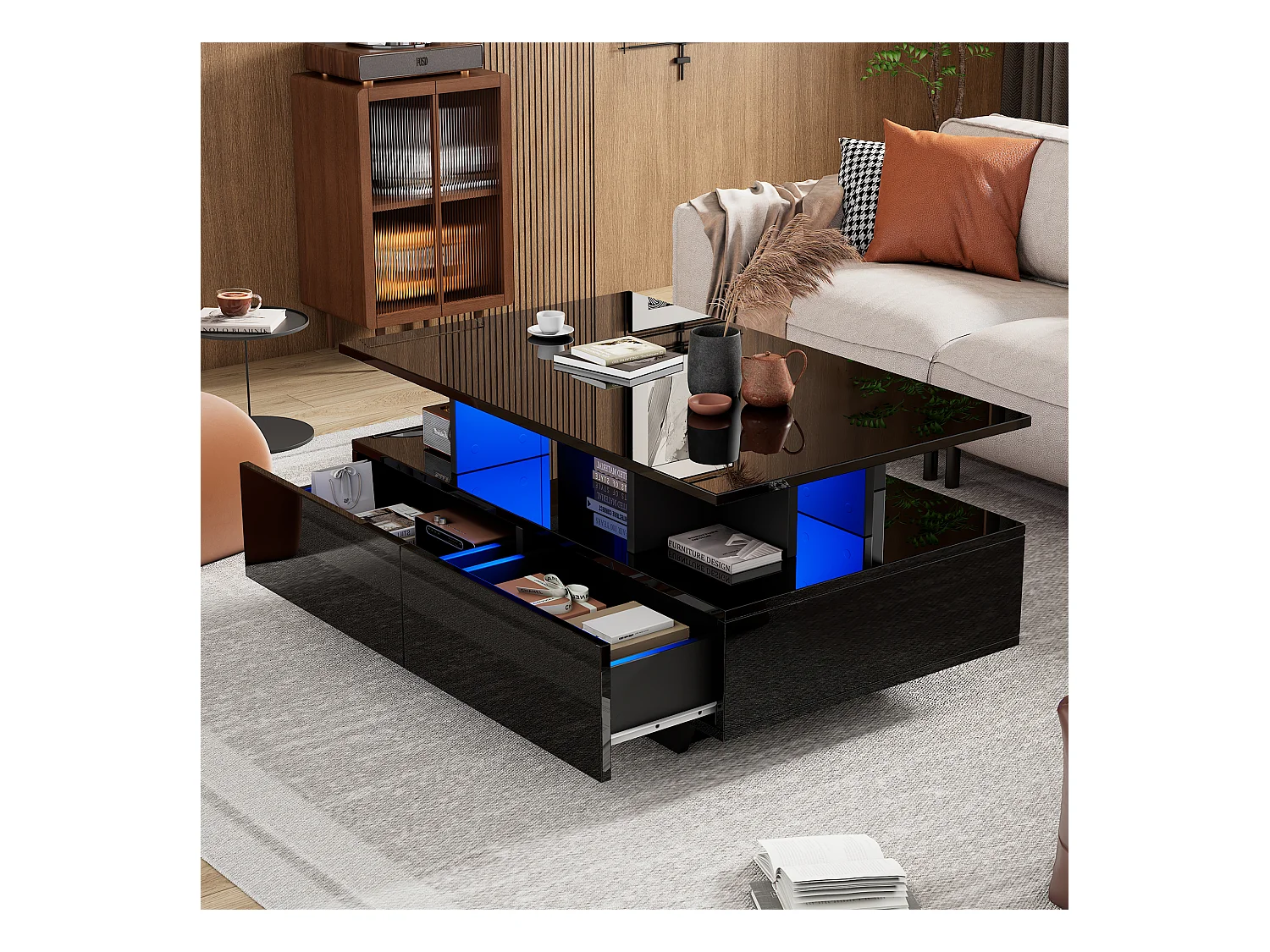 Table basse avec 2 tiroirs et compartiment ouvert - 90 x 55 x 41 cm - LEDs - Panneaux de particules - Noir brillant
