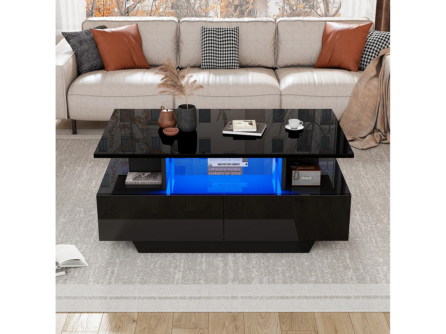 Table basse avec 2 tiroirs et compartiment ouvert - 90 x 55 x 41 cm - LEDs - Panneaux de particules - Noir brillant