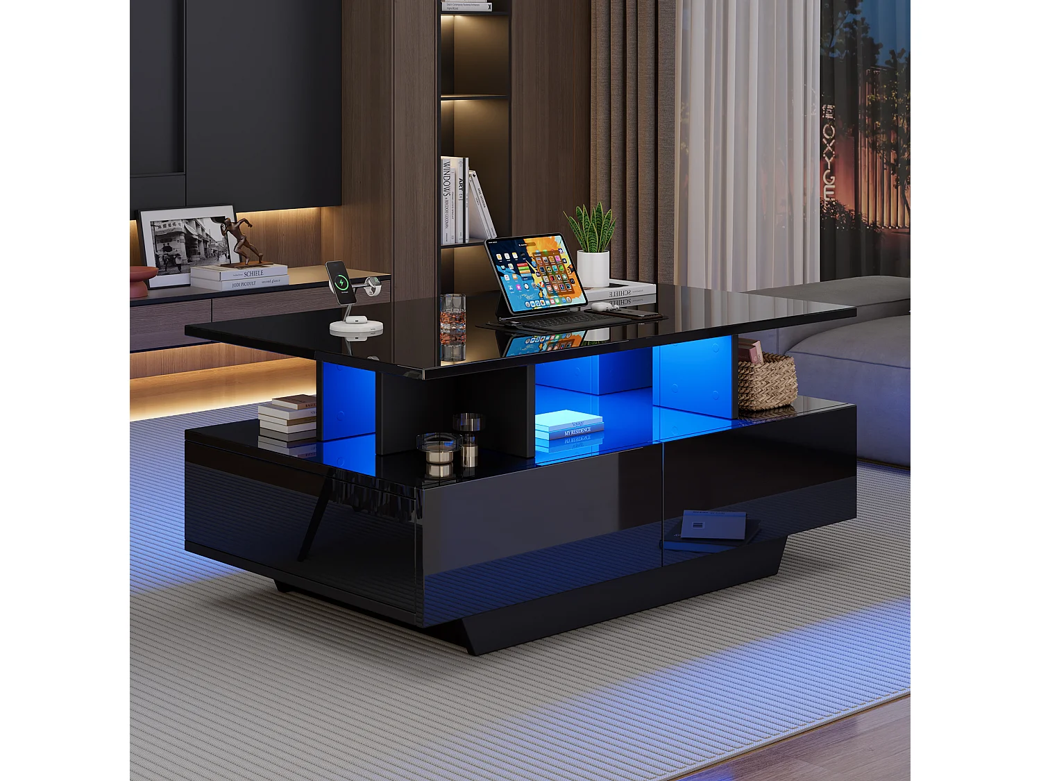 Table basse avec 2 tiroirs et compartiment ouvert - 90 x 55 x 41 cm - LEDs - Panneaux de particules - Noir brillant