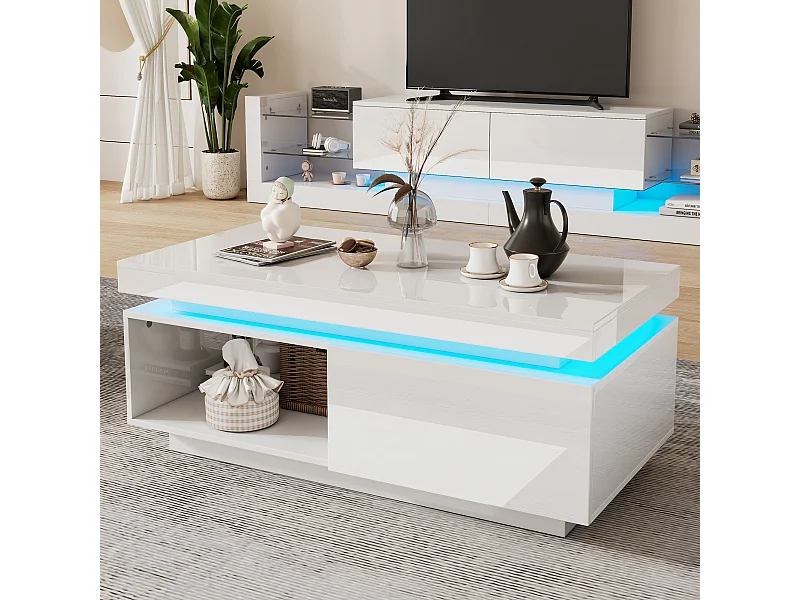 Mesa de centro moderna con 1 puerta y 1 compartimento abierto - 100 x 50 x 40,3 cm - LED - Tablero de partículas - Blanco brillante