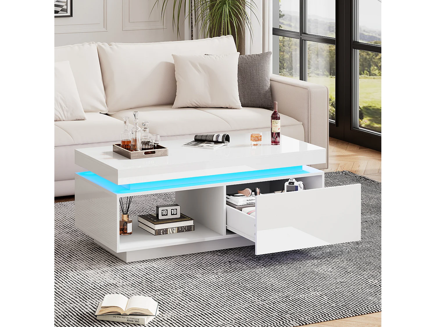 Table basse moderne avec 1 porte et 1 compartiment ouvert - 100 x 50 x 40.3 cm - LEDs - Panneaux de particules - Blanc brillant