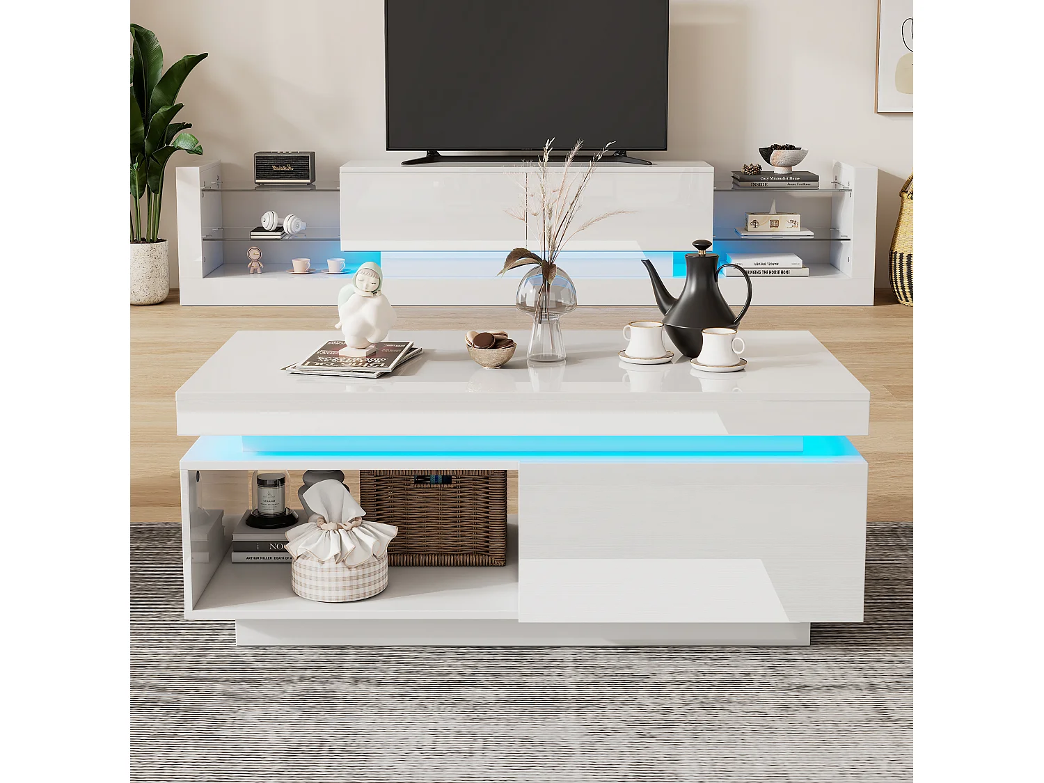 Table basse moderne avec 1 porte et 1 compartiment ouvert - 100 x 50 x 40.3 cm - LEDs - Panneaux de particules - Blanc brillant