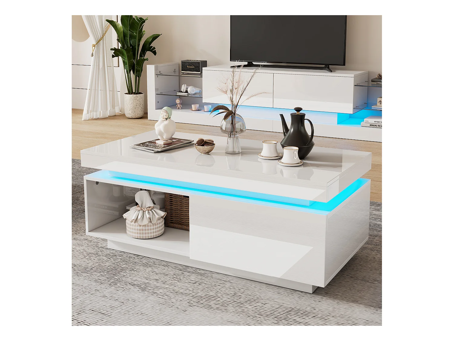 Table basse moderne avec 1 porte et 1 compartiment ouvert - 100 x 50 x 40.3 cm - LEDs - Panneaux de particules - Blanc brillant