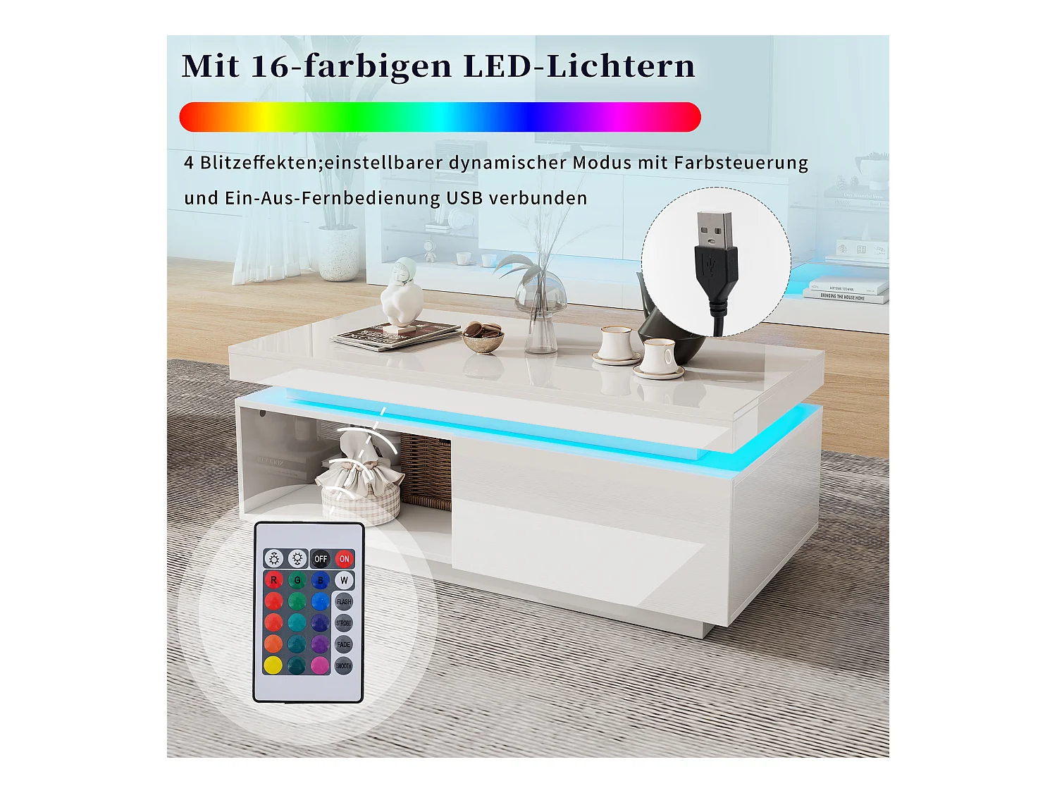 Moderne salontafel met 1 deur en 1 open vak - 100 x 50 x 40,3 cm - LED's - Spaanplaat - Glanzend wit