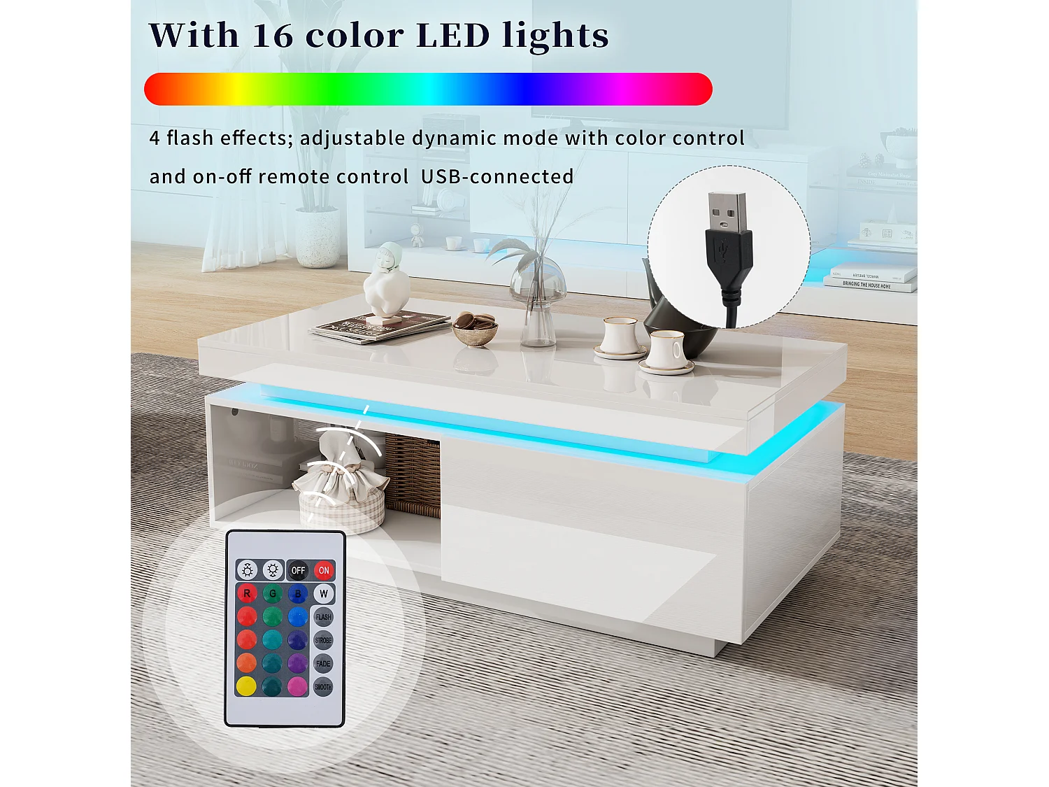 Table basse moderne avec 1 porte et 1 compartiment ouvert - 100 x 50 x 40.3 cm - LEDs - Panneaux de particules - Blanc brillant