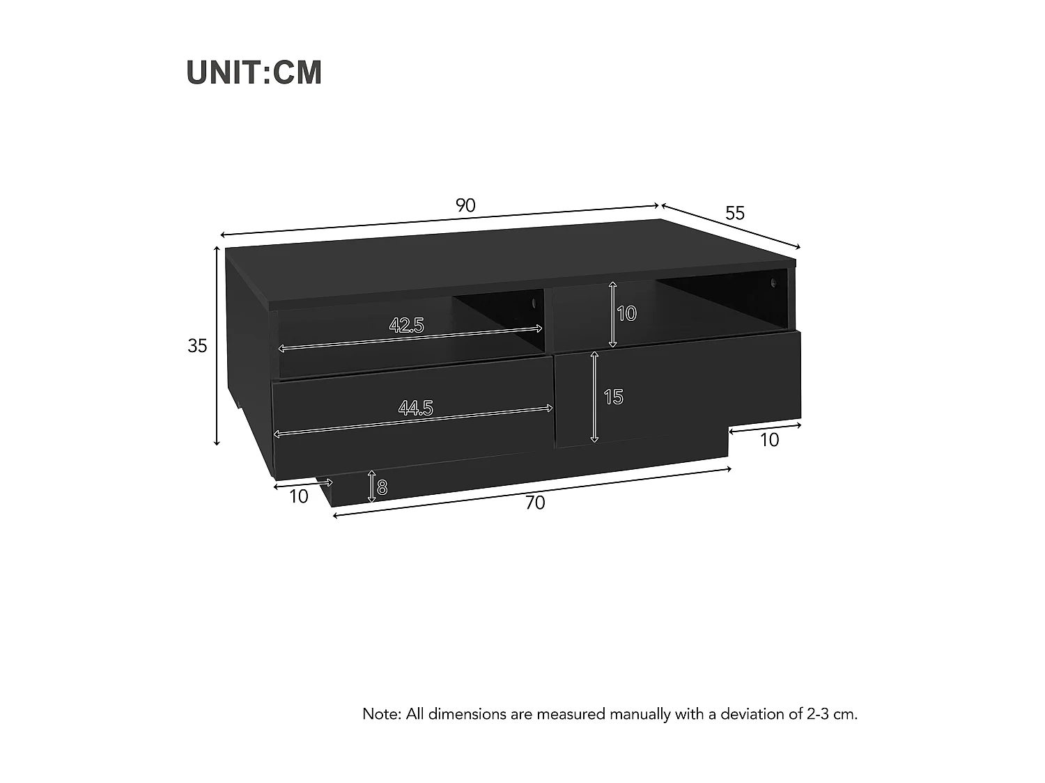Salontafel met 4 laden - 90 x 55 x 35 cm - LED's - Spaanplaat - voor woonkamer - Glanzend wit