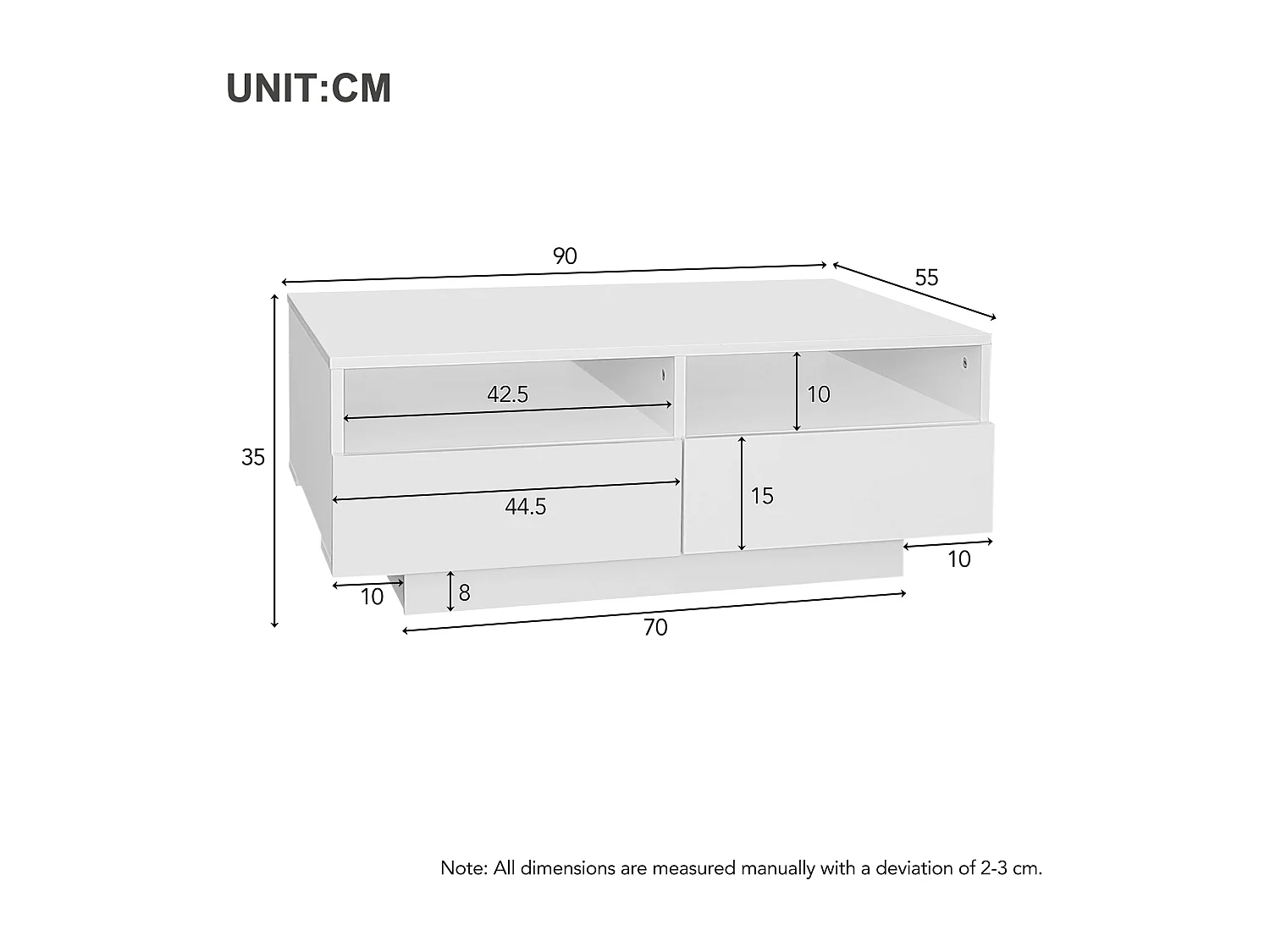 Salontafel met 4 laden - 90 x 55 x 35 cm - LED's - Spaanplaat - voor woonkamer - Glanzend wit