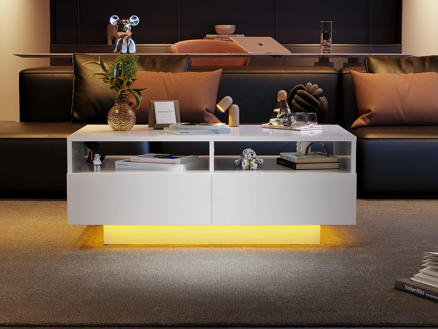 Salontafel met 4 laden - 90 x 55 x 35 cm - LED's - Spaanplaat - voor woonkamer - Glanzend wit