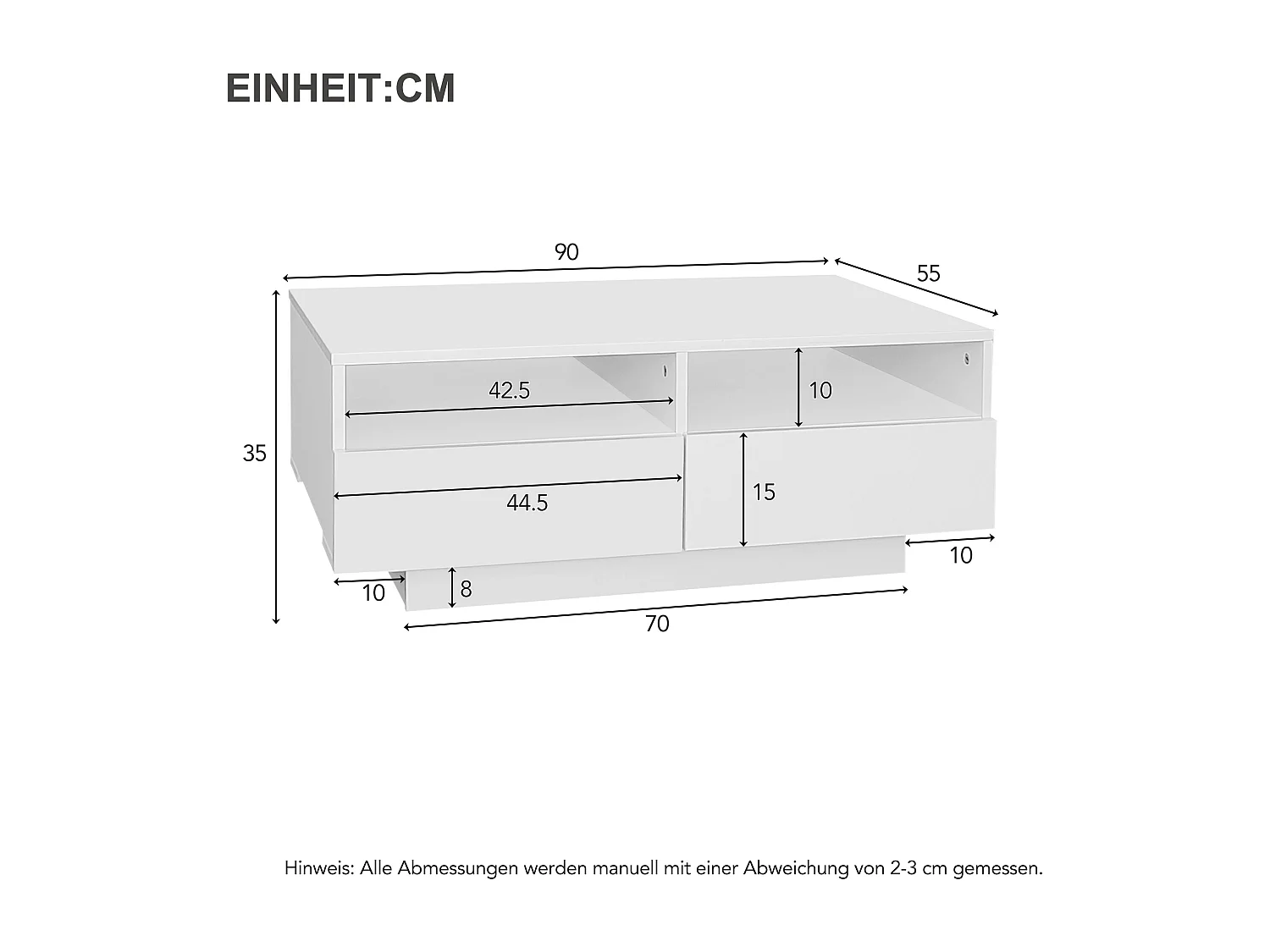 Table basse avec 4 tiroirs - 90 x 55 x 35 cm - LEDs - Panneaux de particules - pour salon - Blanc brillant