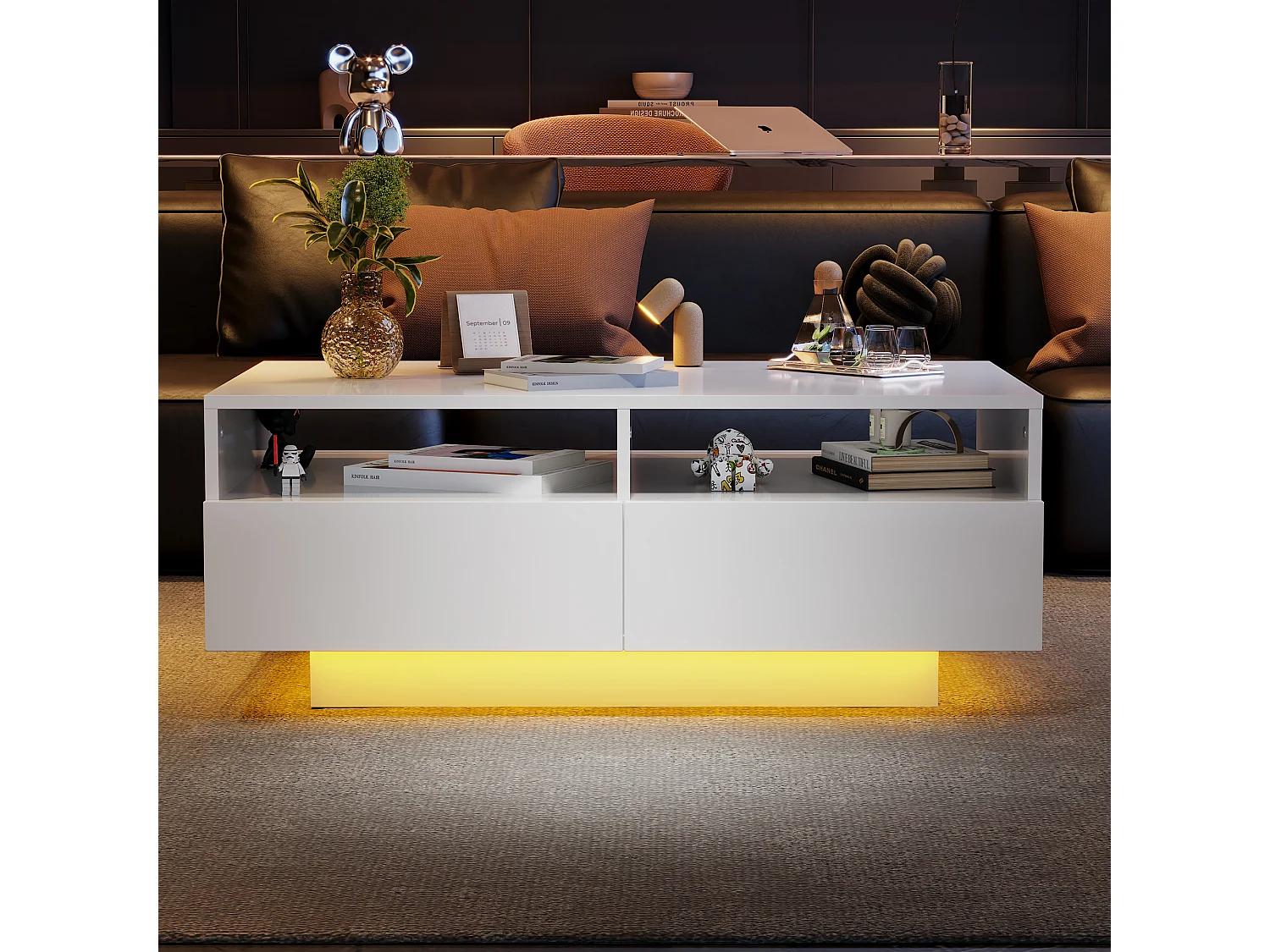 Table basse avec 4 tiroirs - 90 x 55 x 35 cm - LEDs - Panneaux de particules - pour salon - Blanc brillant