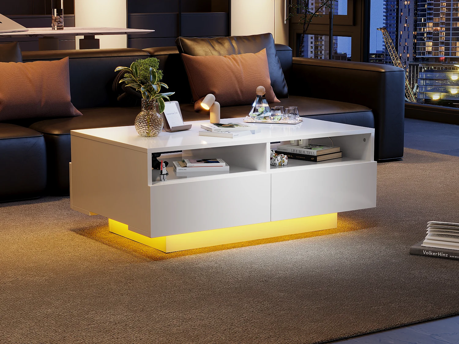 Table basse avec 4 tiroirs - 90 x 55 x 35 cm - LEDs - Panneaux de particules - pour salon - Blanc brillant
