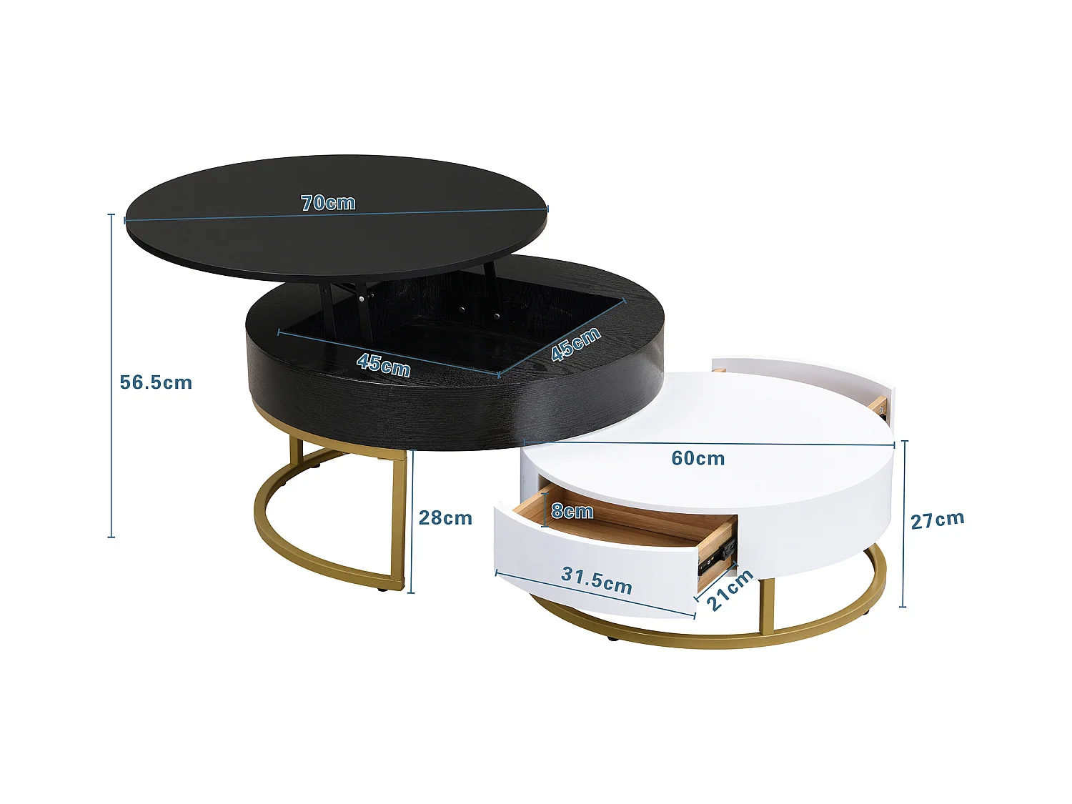 Lot de 2 tables basses gigognes, table d'appoint - D 70 x H 56.5 cm + D 60 x H 27 cm - MDF et métal - Blanc + noir