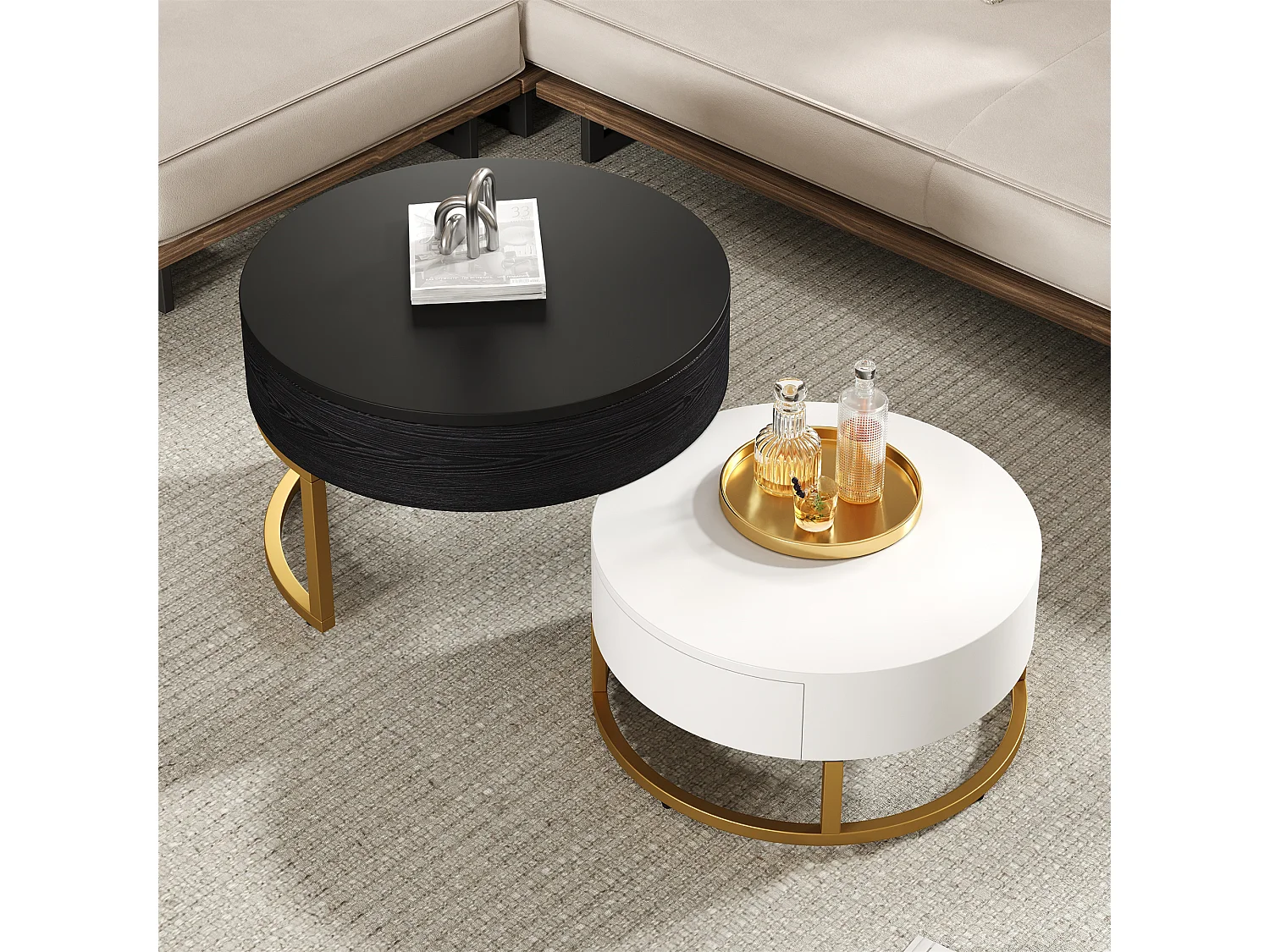 Lot de 2 tables basses gigognes, table d'appoint - D 70 x H 56.5 cm + D 60 x H 27 cm - MDF et métal - Blanc + noir