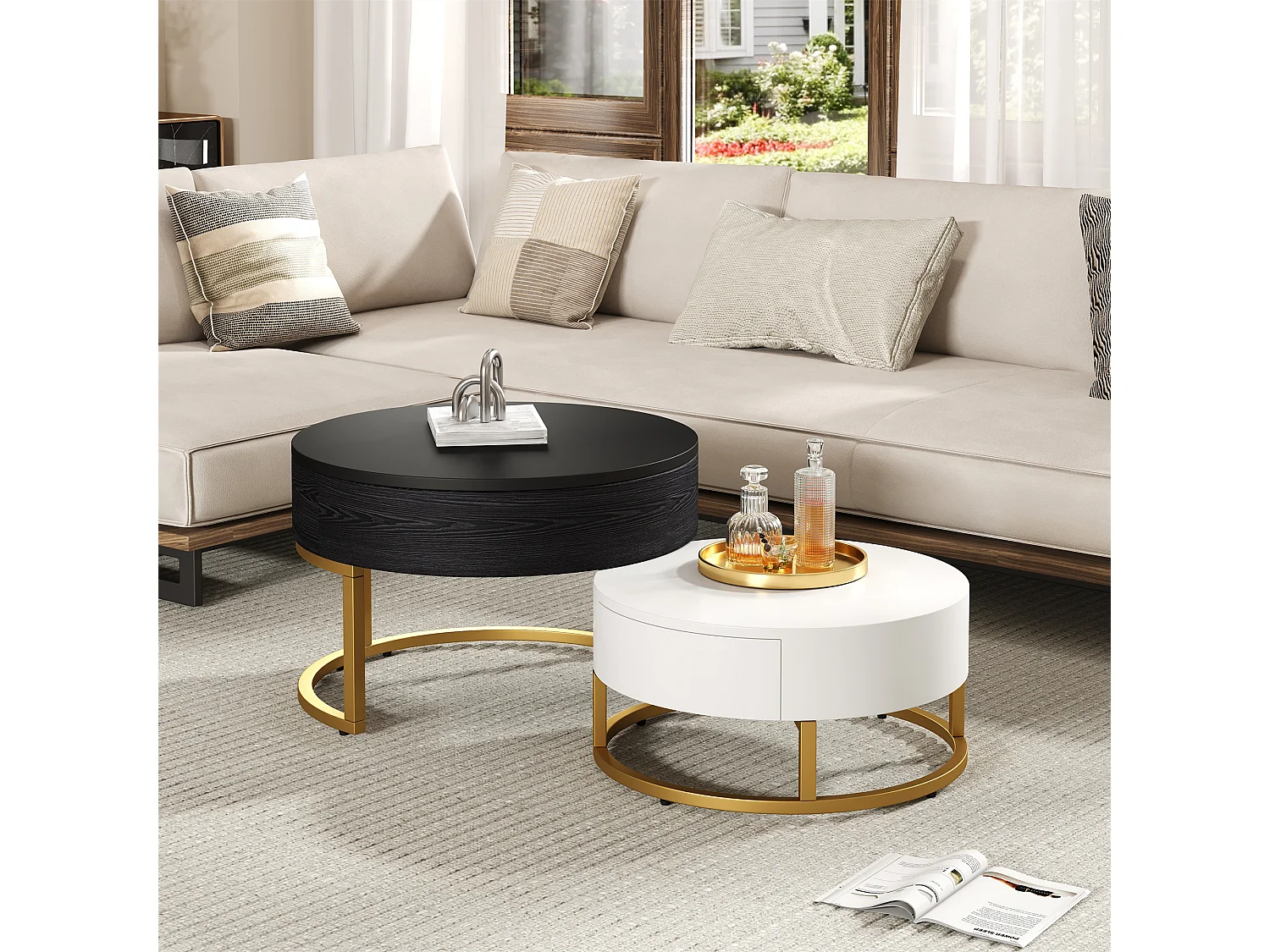 Lot de 2 tables basses gigognes, table d'appoint - D 70 x H 56.5 cm + D 60 x H 27 cm - MDF et métal - Blanc + noir