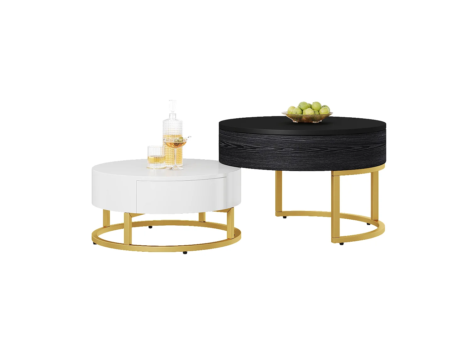 Lot de 2 tables basses gigognes, table d'appoint - D 70 x H 56.5 cm + D 60 x H 27 cm - MDF et métal - Blanc + noir