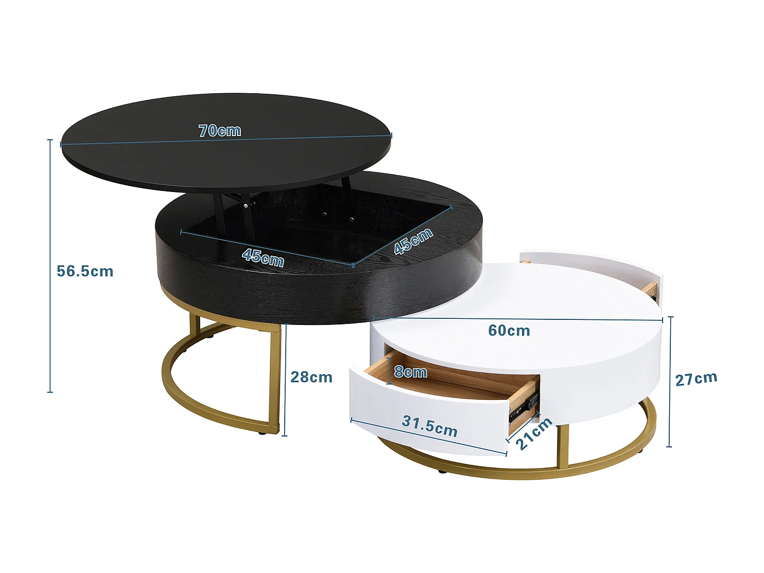 Lot de 2 tables basses gigognes, table d'appoint - D 70 x H 56.5 cm + D 60 x H 27 cm - MDF et métal - Blanc + noir