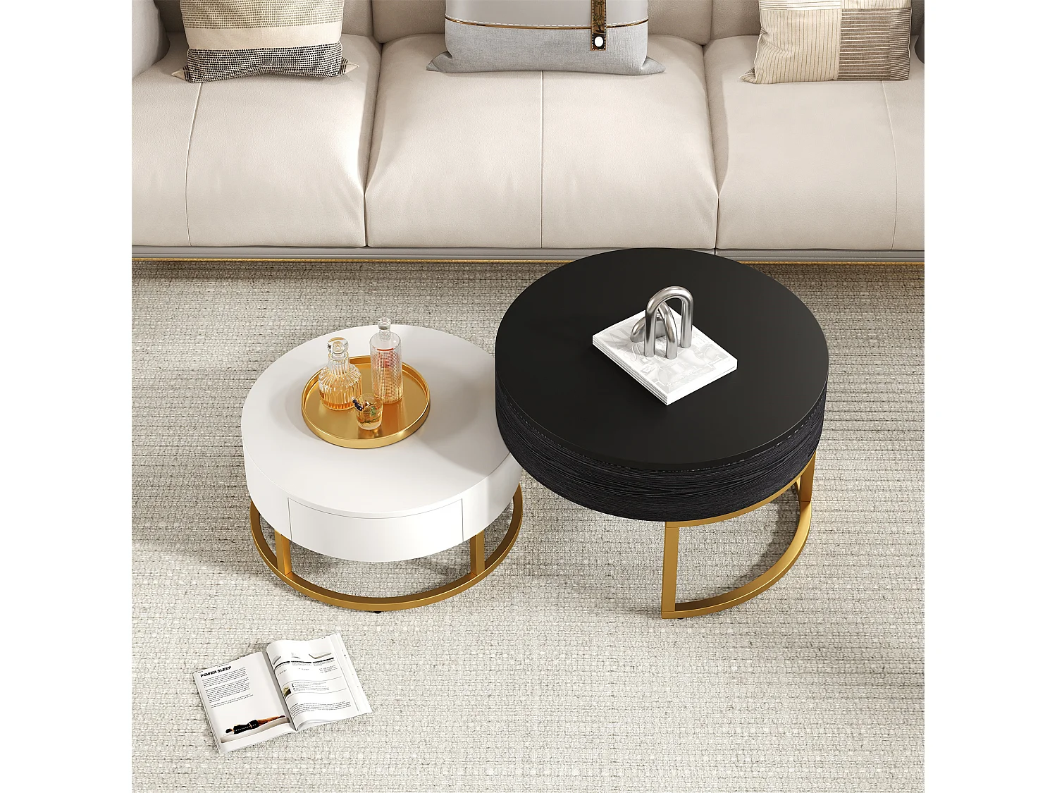 Lot de 2 tables basses gigognes, table d'appoint - D 70 x H 56.5 cm + D 60 x H 27 cm - MDF et métal - Blanc + noir