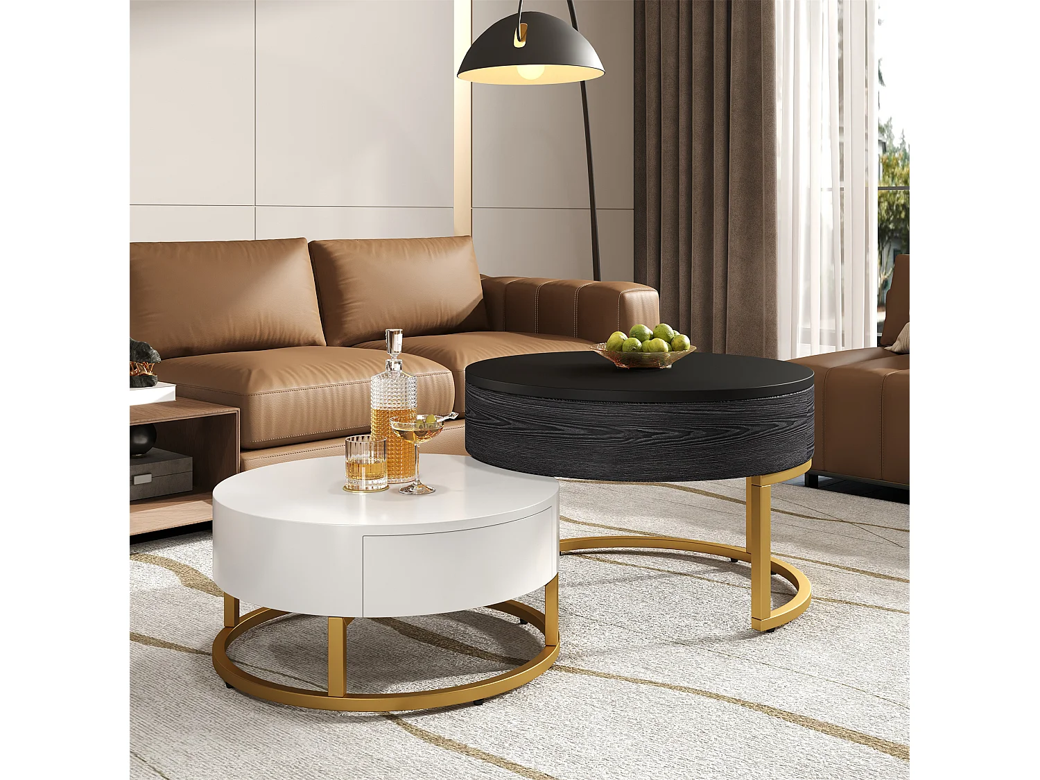 Lot de 2 tables basses gigognes, table d'appoint - D 70 x H 56.5 cm + D 60 x H 27 cm - MDF et métal - Blanc + noir