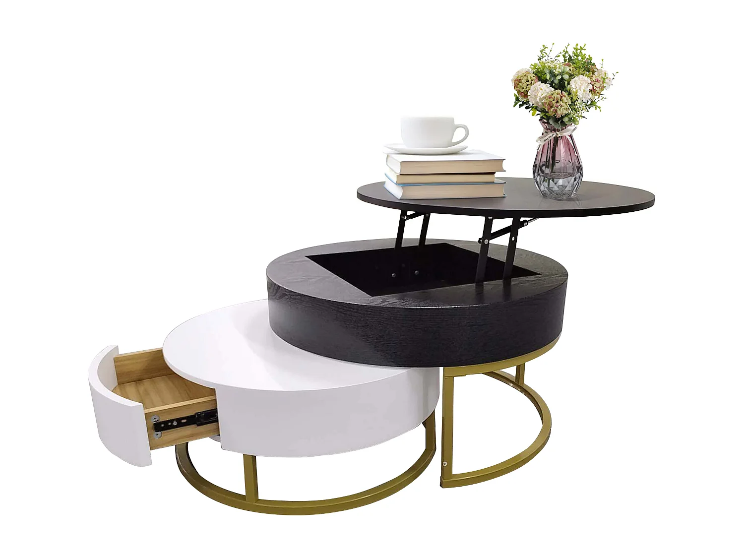 Lot de 2 tables basses gigognes, table d'appoint - D 70 x H 56.5 cm + D 60 x H 27 cm - MDF et métal - Blanc + noir