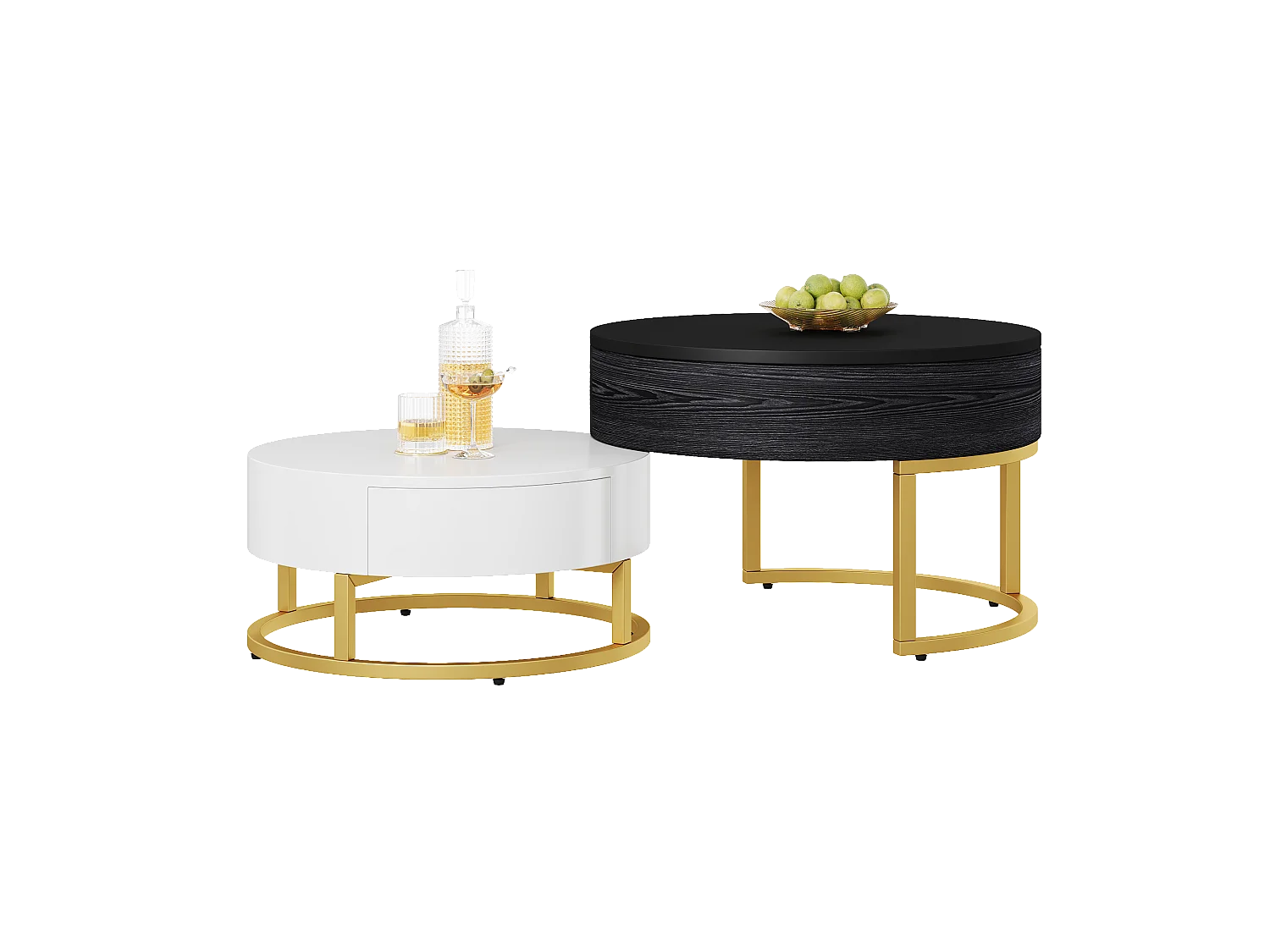 Lot de 2 tables basses gigognes, table d'appoint - D 70 x H 56.5 cm + D 60 x H 27 cm - MDF et métal - Blanc + noir