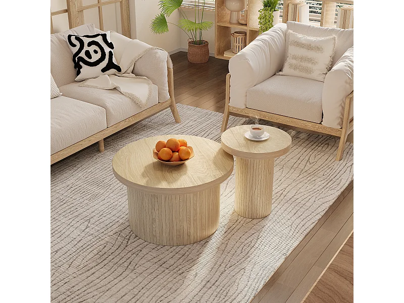 Set aus 2 ineinander steckbaren Couchtischen, Beistelltisch – T 66 x H 40 cm + T 40 x H 46 cm – MDF – Natur