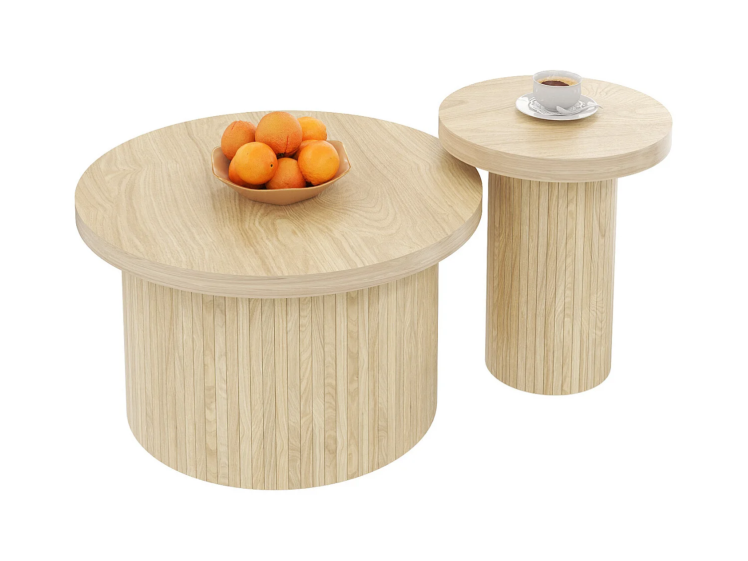 Lot de 2 tables basses gigognes, table d'appoint - D 66 x H 40 cm + D 40 x H 46 cm - MDF - Naturel