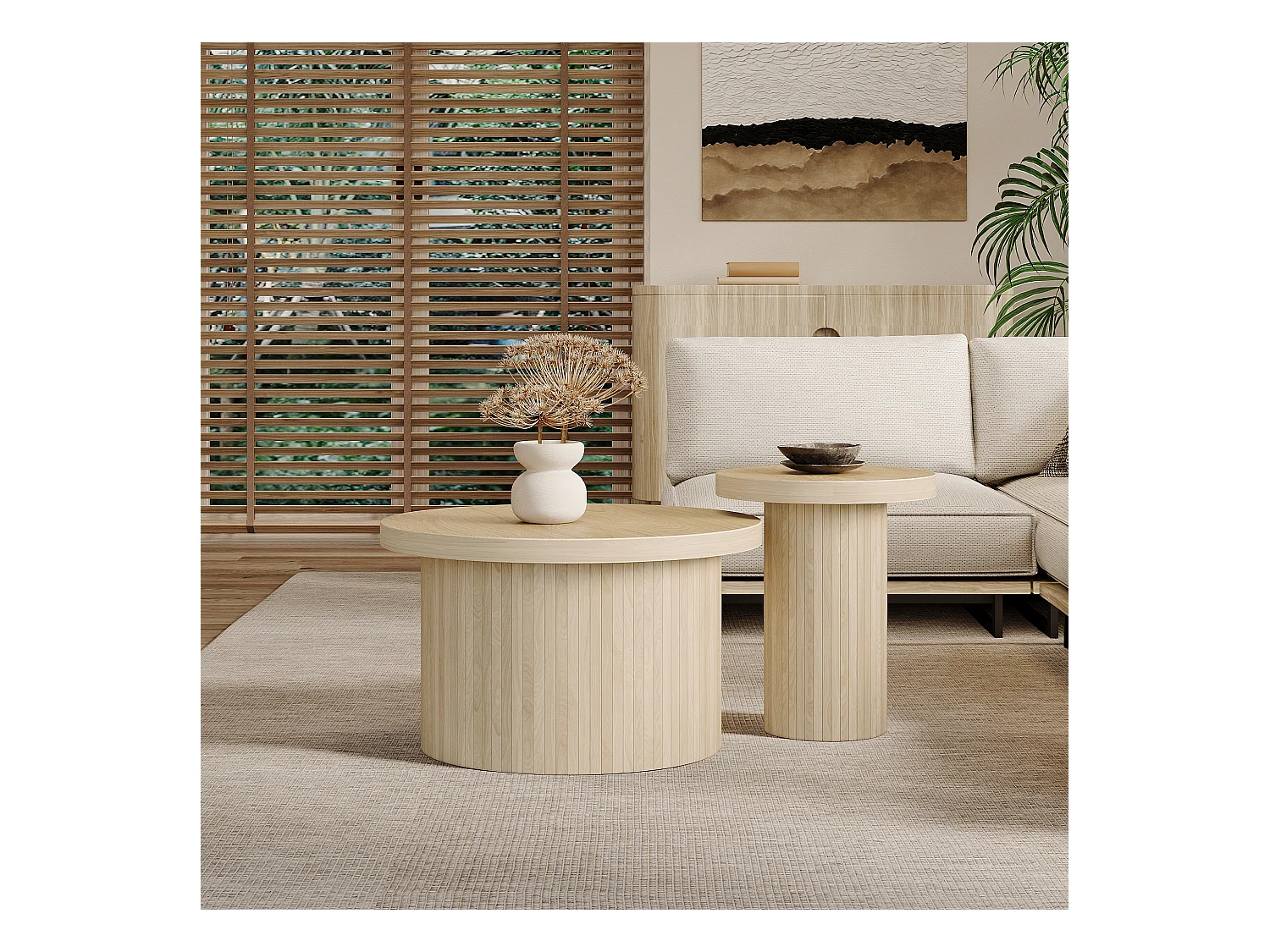 Lot de 2 tables basses gigognes, table d'appoint - D 66 x H 40 cm + D 40 x H 46 cm - MDF - Naturel