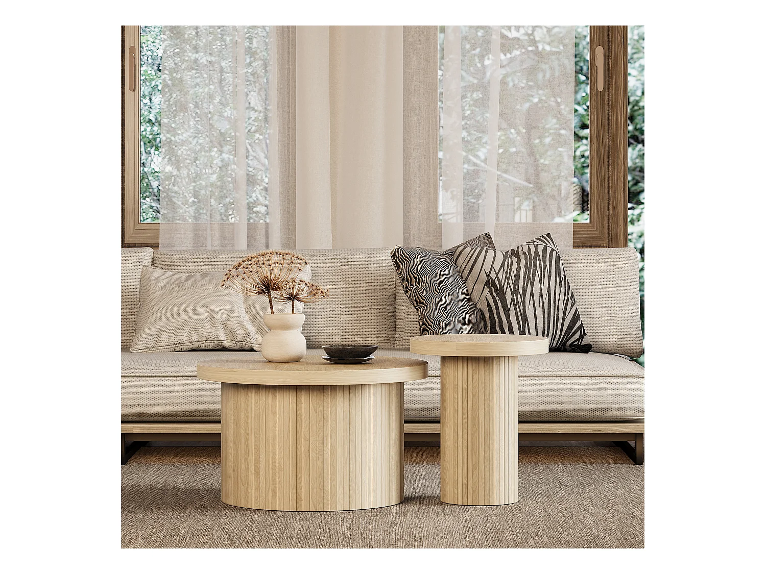 Lot de 2 tables basses gigognes, table d'appoint - D 66 x H 40 cm + D 40 x H 46 cm - MDF - Naturel