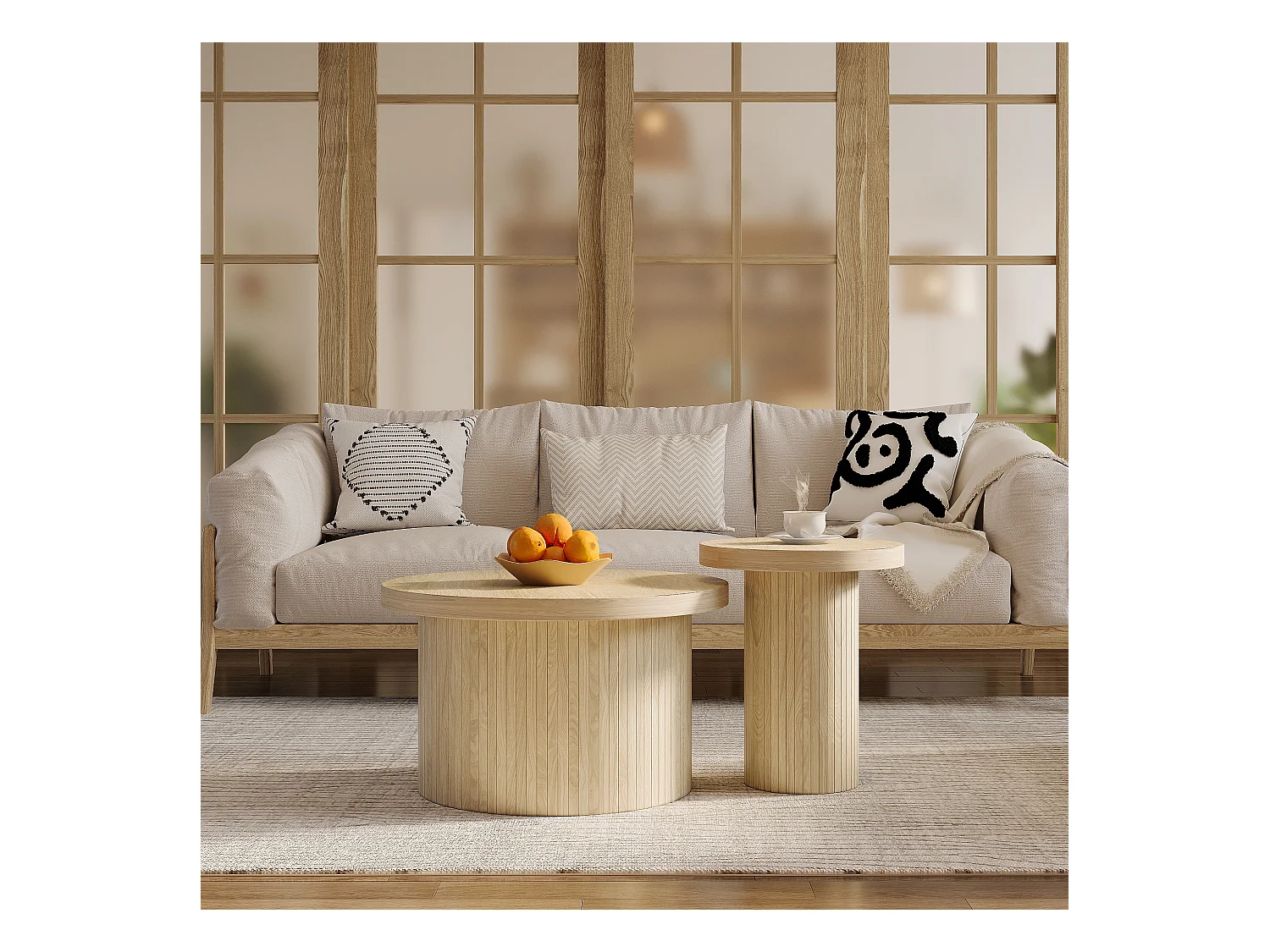 Lot de 2 tables basses gigognes, table d'appoint - D 66 x H 40 cm + D 40 x H 46 cm - MDF - Naturel